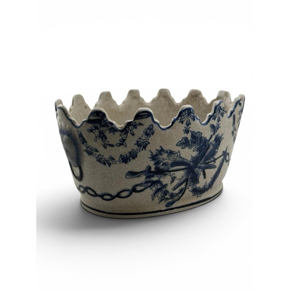Antique Blue White Ceramic Jardiniere Ikebana Vase Flower Frog Scalloped Rim